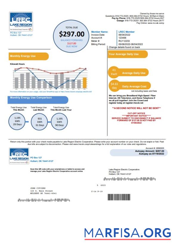 Downloadable USA Oklahoma LREC Lake Region utility bill template in Word and PDF format